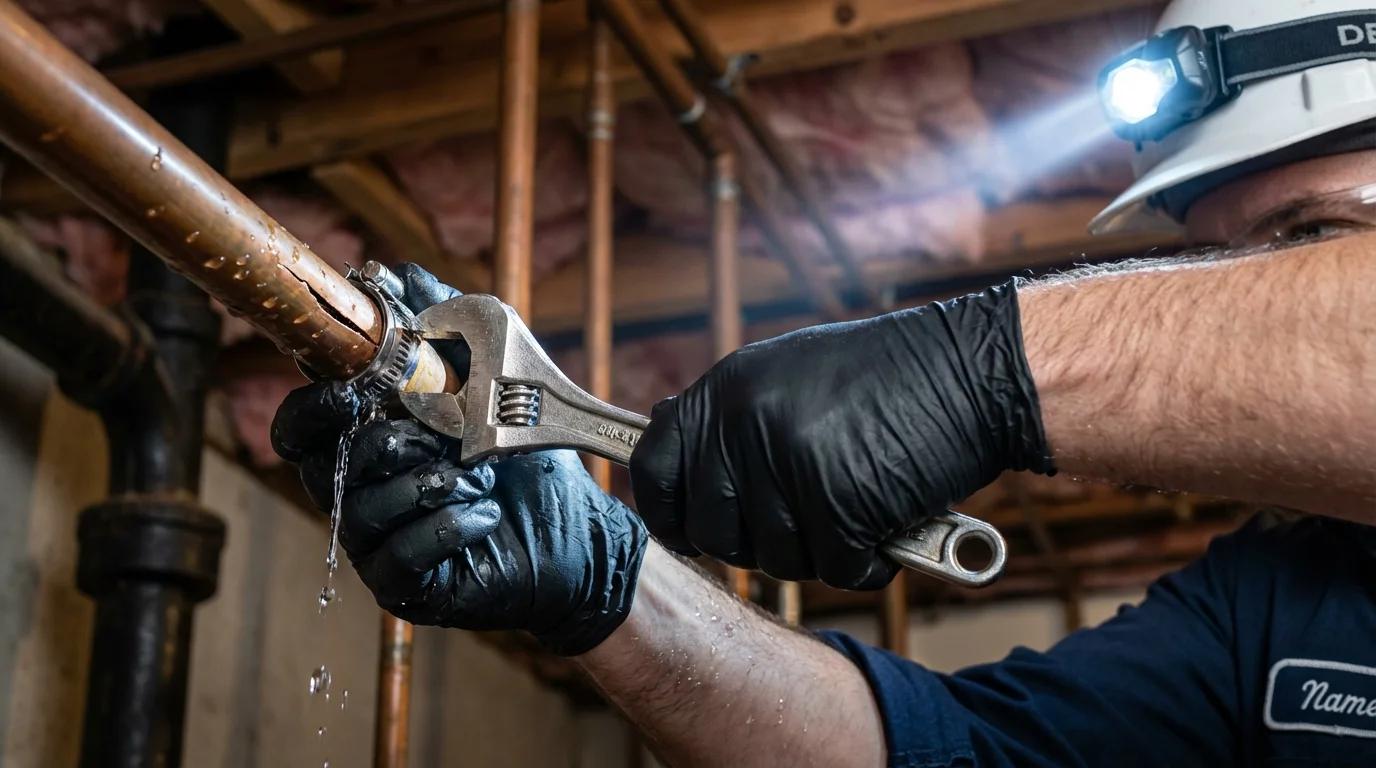 Emergency pipe clamp repair being performed by a Johns Plumbing LLC plumber in Amboy