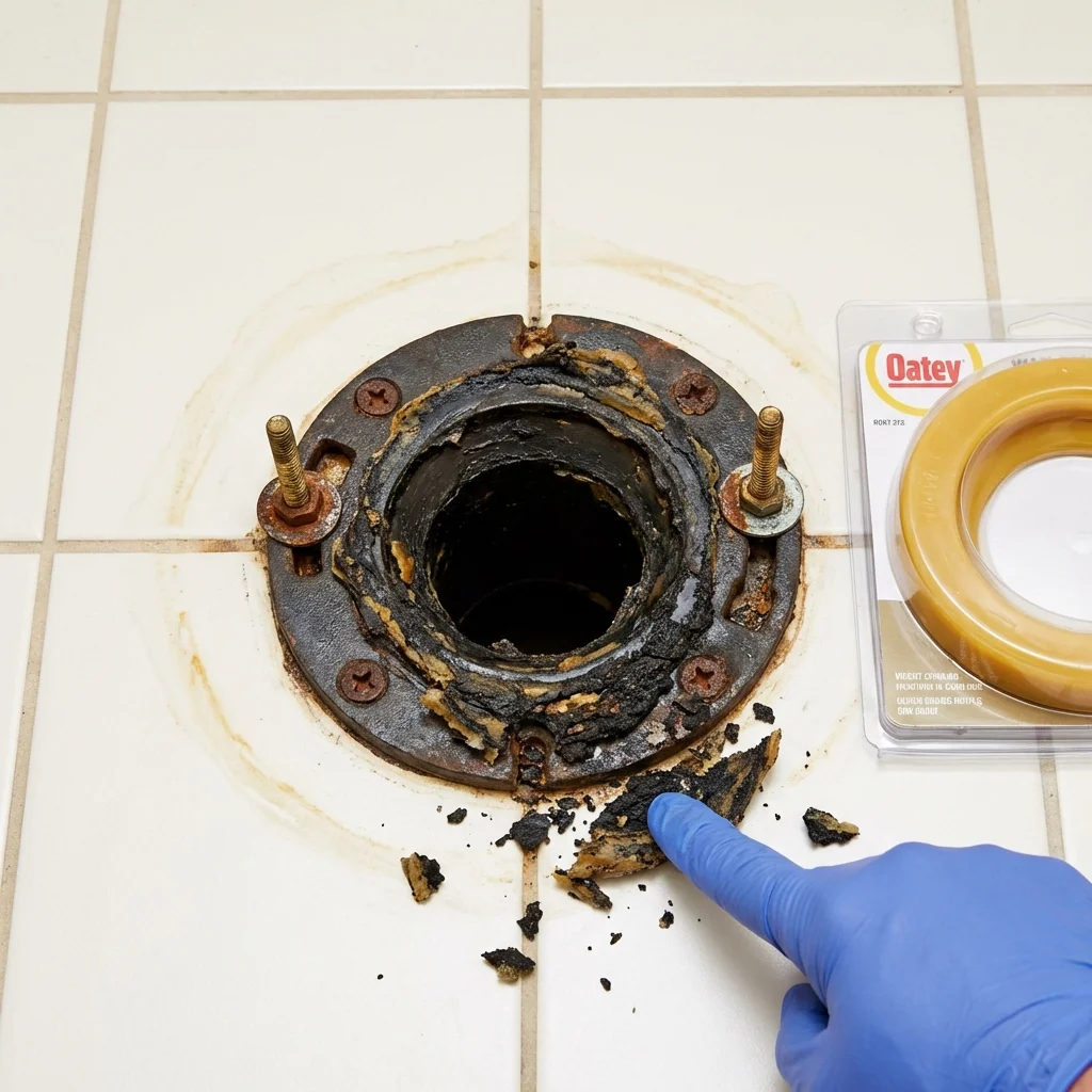 Failed wax ring showing water seepage at the base of a toilet in a Amboy, WA home