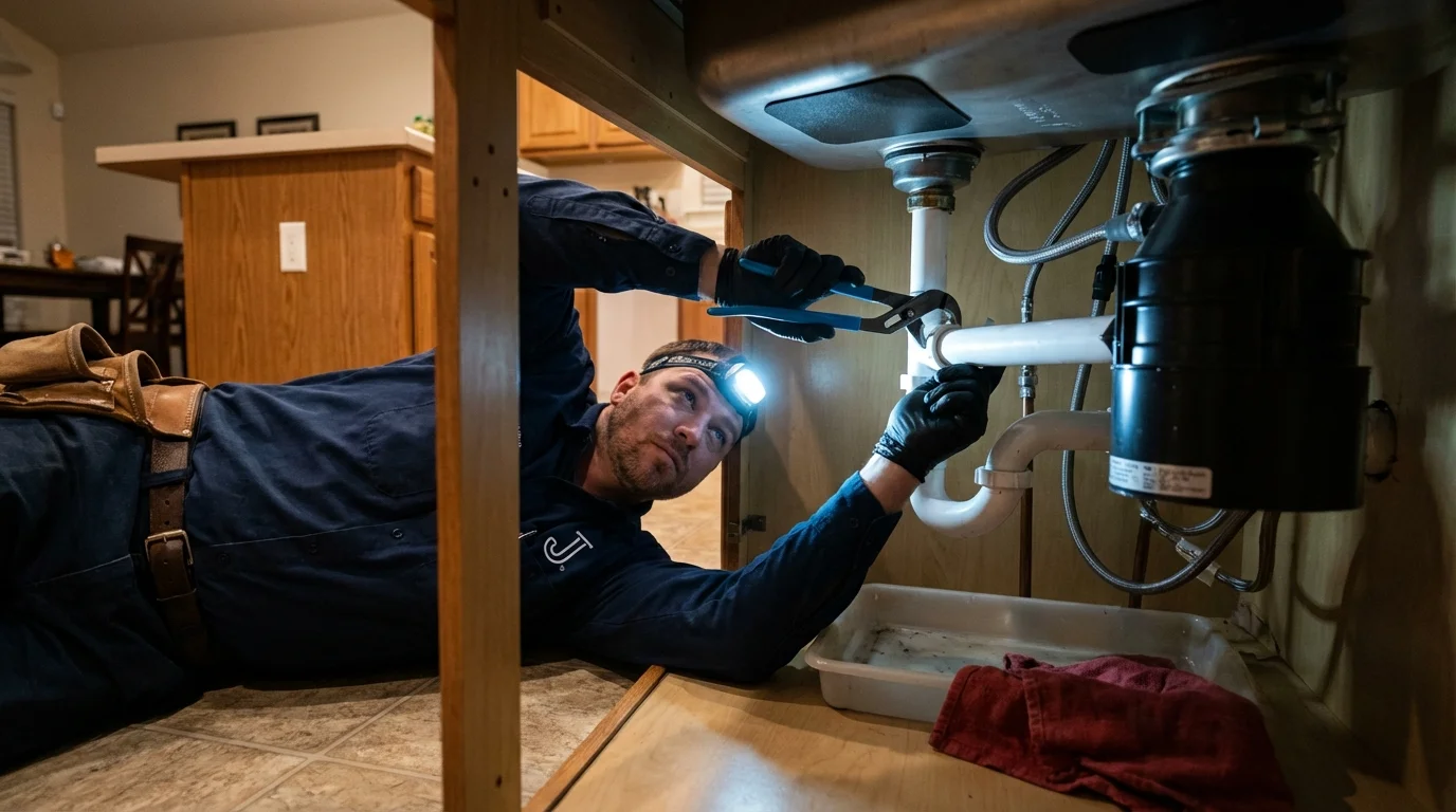 P-trap and supply line connections under a kitchen sink showing a common leak point in Amboy, WA